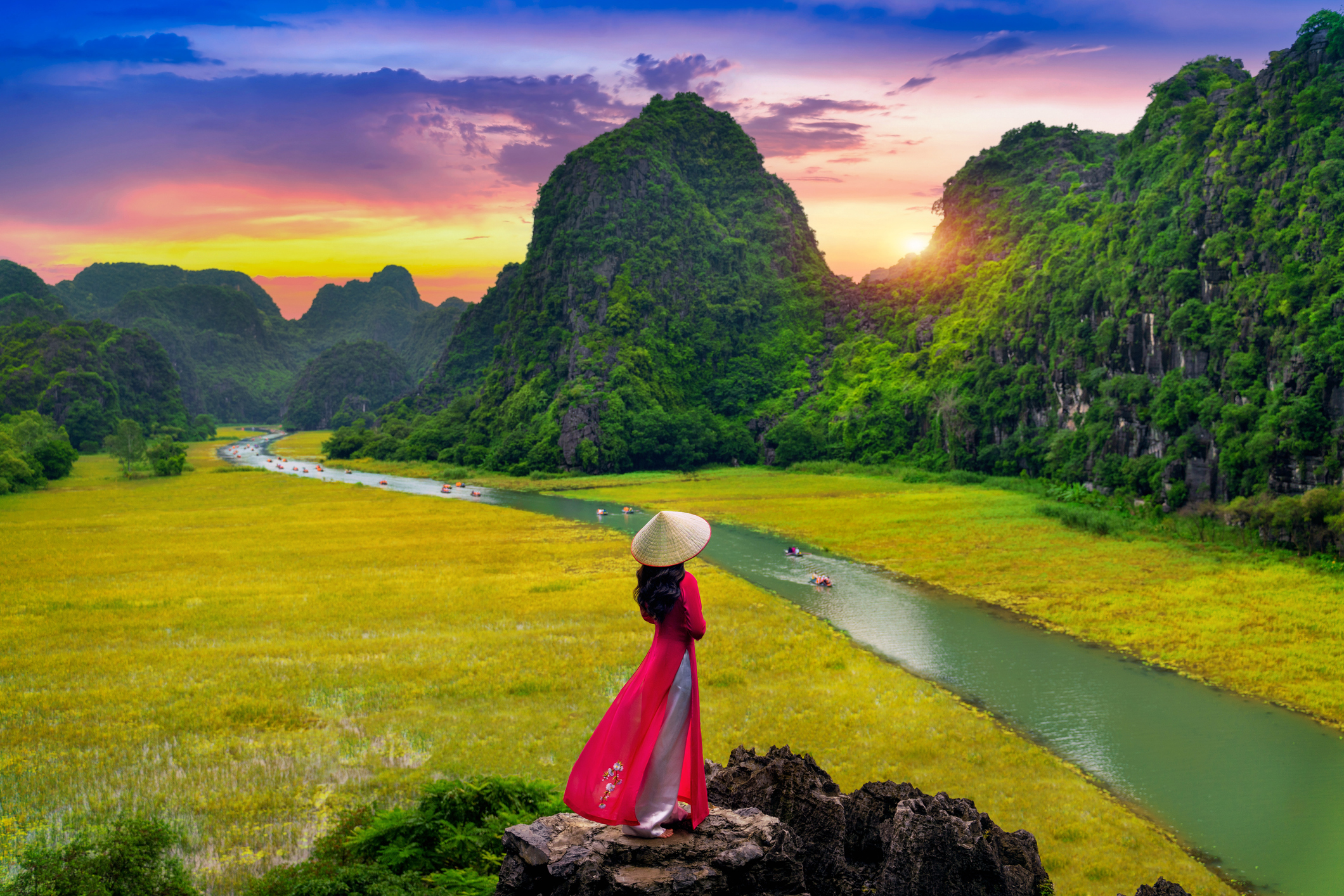 A river winding between limestone mountains and golden rice fields in Vietnam